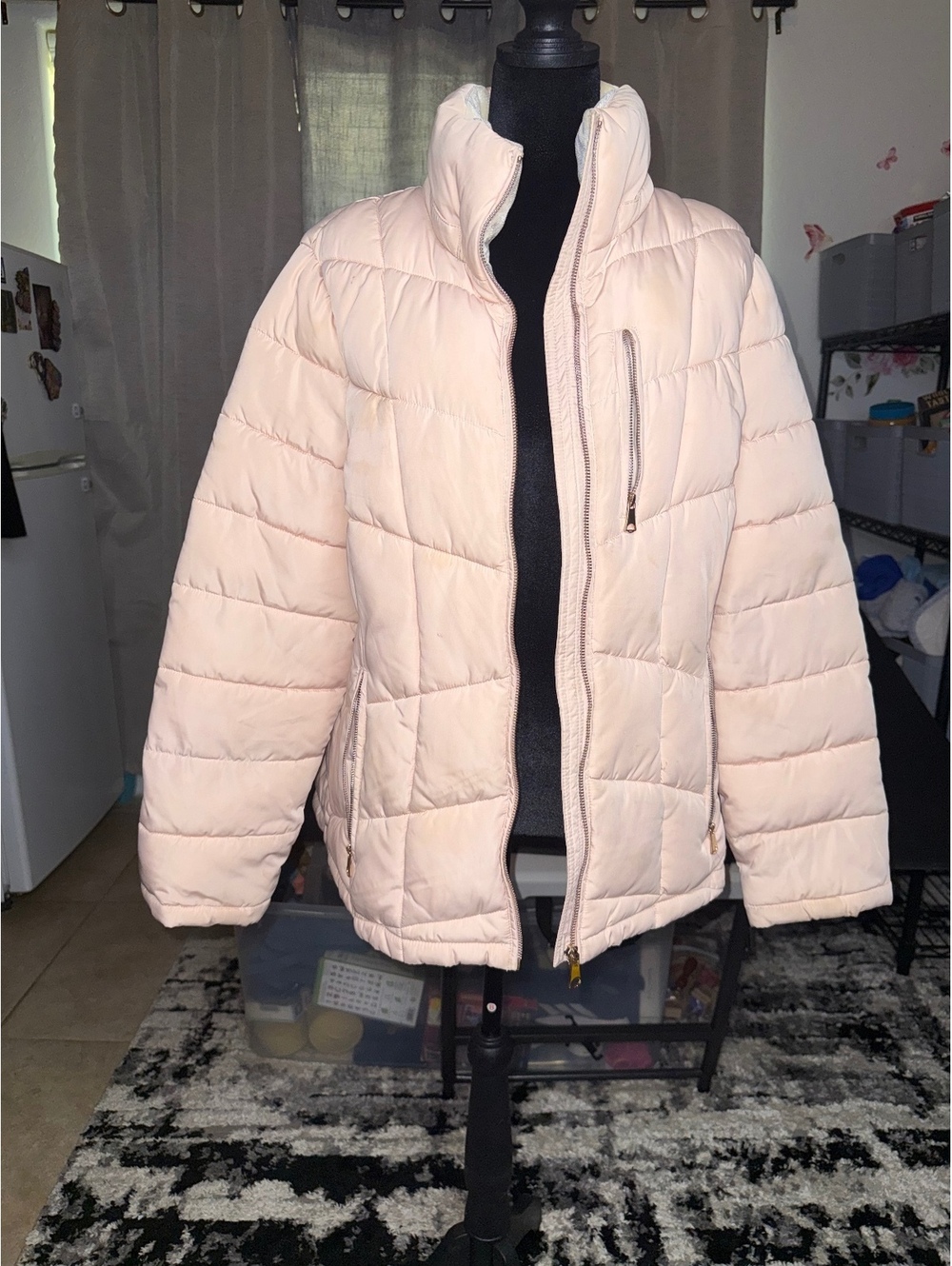 Light Pink Quilted Puffer Jacket with Zipper Pockets